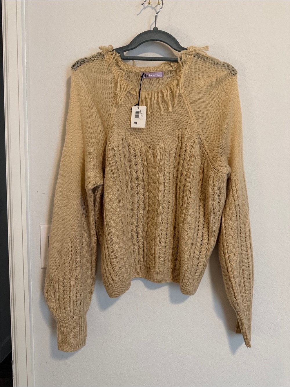 Frayed Cable-Knit Scoop Sweater in Beige by ZAYO